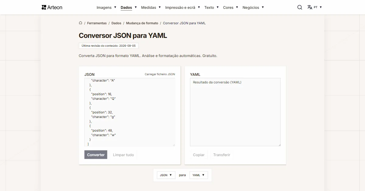 Captura de ecrã da ferramenta gratuita da Arteon: Conversor JSON para YAML