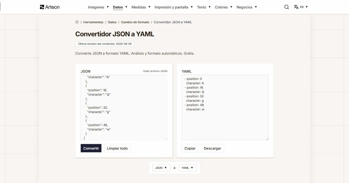 Captura de pantalla de la herramienta gratuita de Arteon: Convertidor JSON a YAML