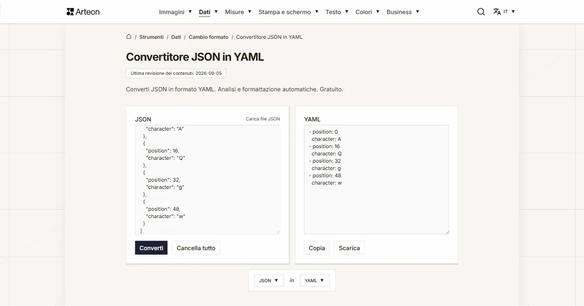 Screenshot dello strumento gratuito Arteon: Convertitore JSON in YAML