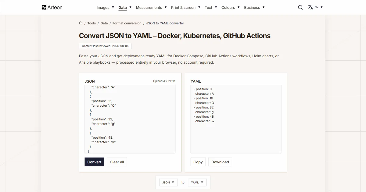 Arteon free tool screenshot: Convert JSON to YAML – Docker, Kubernetes, GitHub Actions