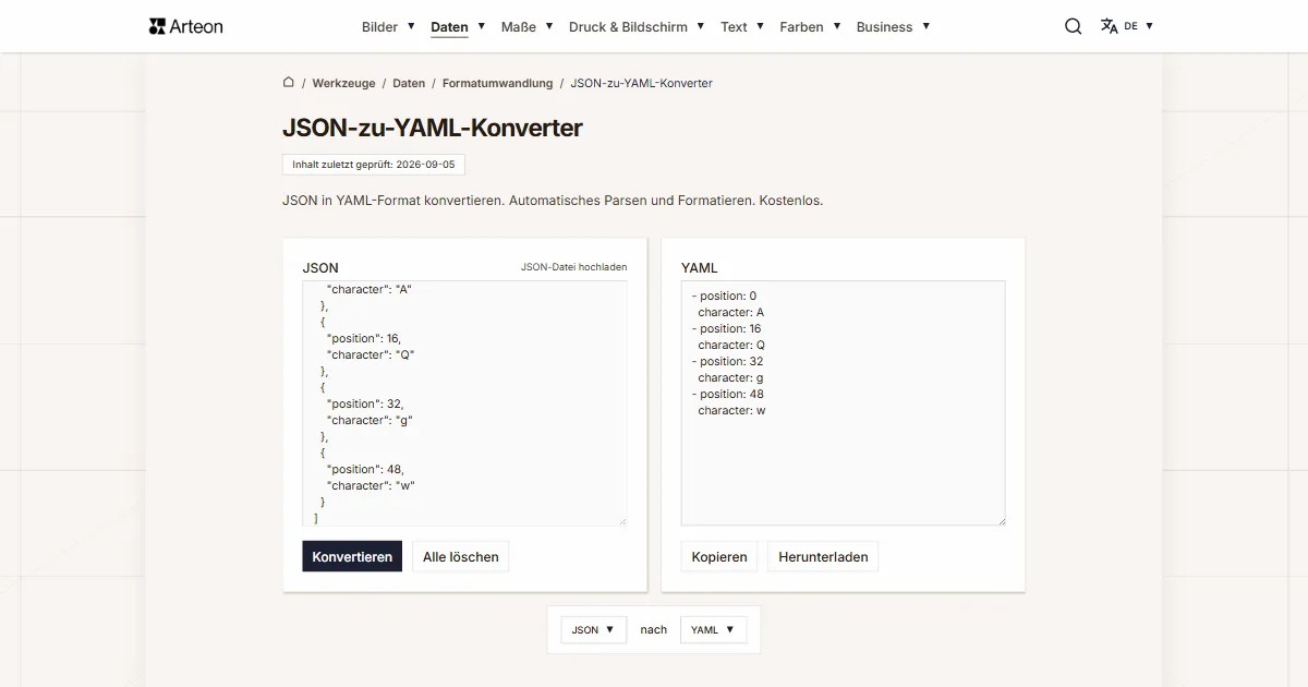 Screenshot des kostenlosen Arteon-Werkzeugs: JSON-zu-YAML-Konverter