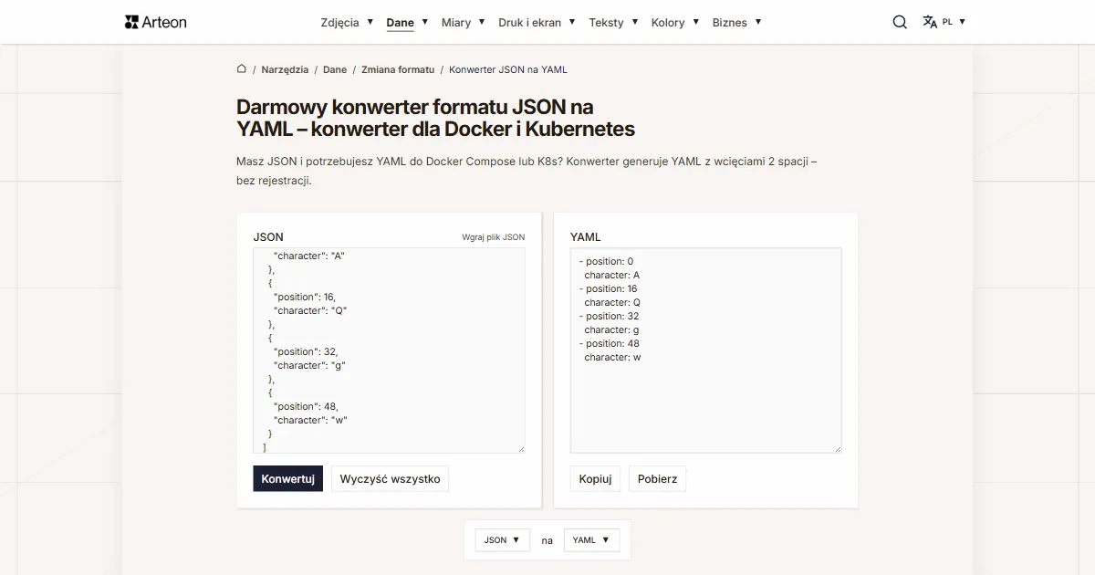 Zrzut ekranu darmowego narzędzia Arteon: Darmowy konwerter formatu JSON na YAML – konwerter dla Docker i Kubernetes
