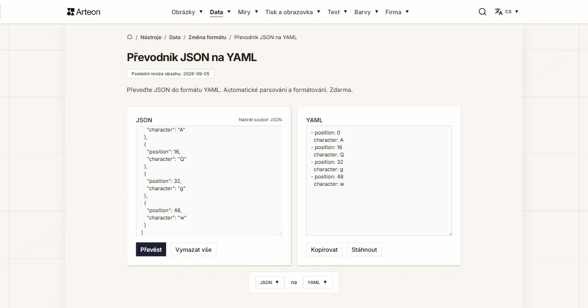 Snímek obrazovky bezplatného nástroje Arteon: Převodník JSON na YAML