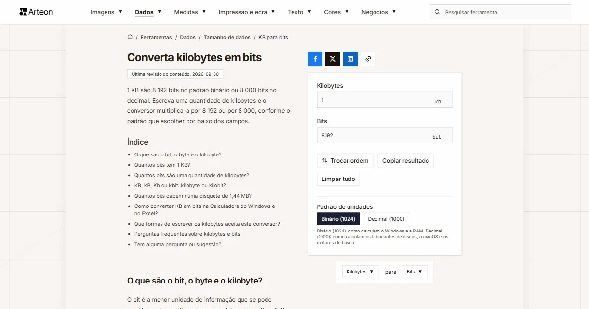 Captura de ecrã da ferramenta gratuita da Arteon: Converta kilobytes em bits