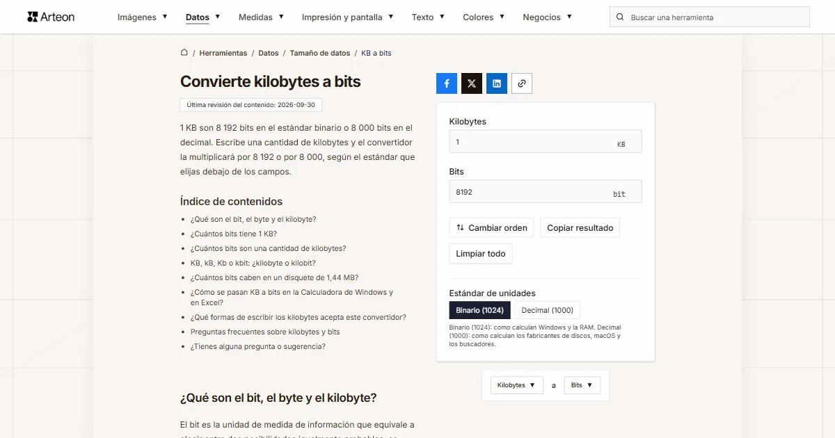 Captura de pantalla de la herramienta gratuita de Arteon: Convierte kilobytes a bits