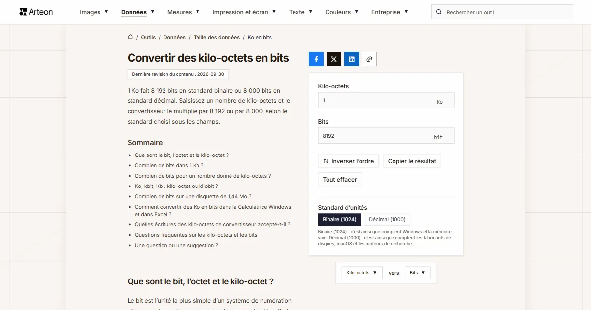Capture d'écran de l'outil gratuit d'Arteon: Convertir des kilo-octets en bits