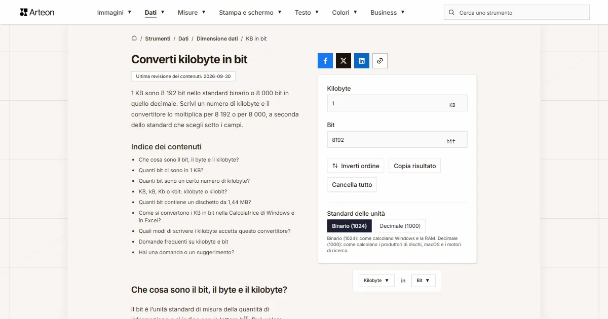 Screenshot dello strumento gratuito Arteon: Converti kilobyte in bit