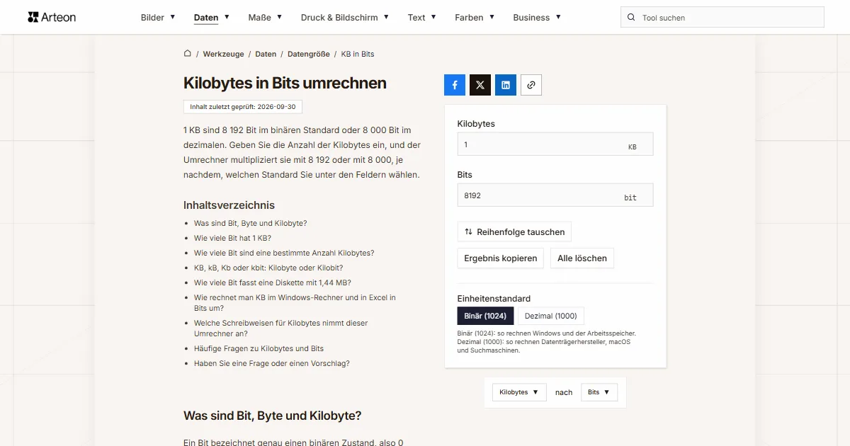 Screenshot des kostenlosen Arteon-Werkzeugs: Kilobytes in Bits umrechnen
