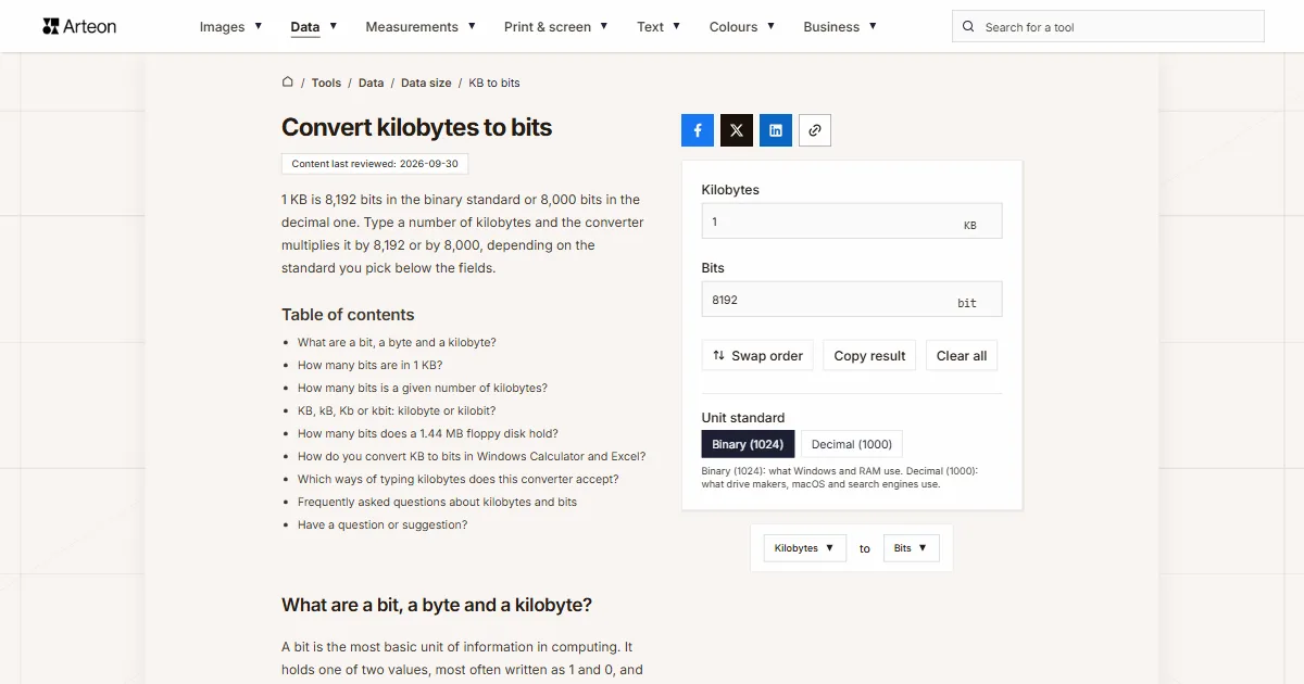 Arteon free tool screenshot: Convert kilobytes to bits