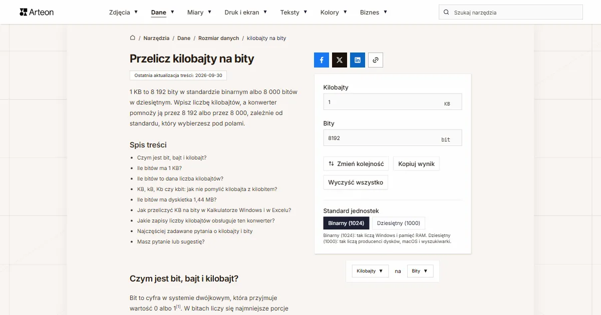 Zrzut ekranu darmowego narzędzia Arteon: Przelicz kilobajty na bity