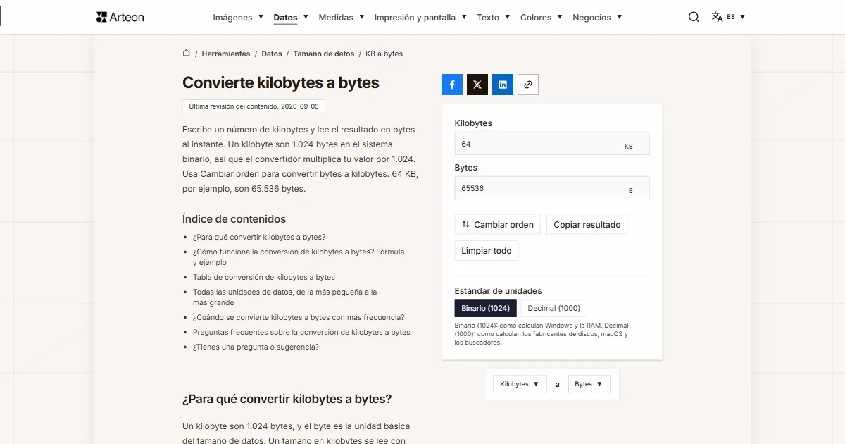 Captura de pantalla de la herramienta gratuita de Arteon: Convierte kilobytes a bytes