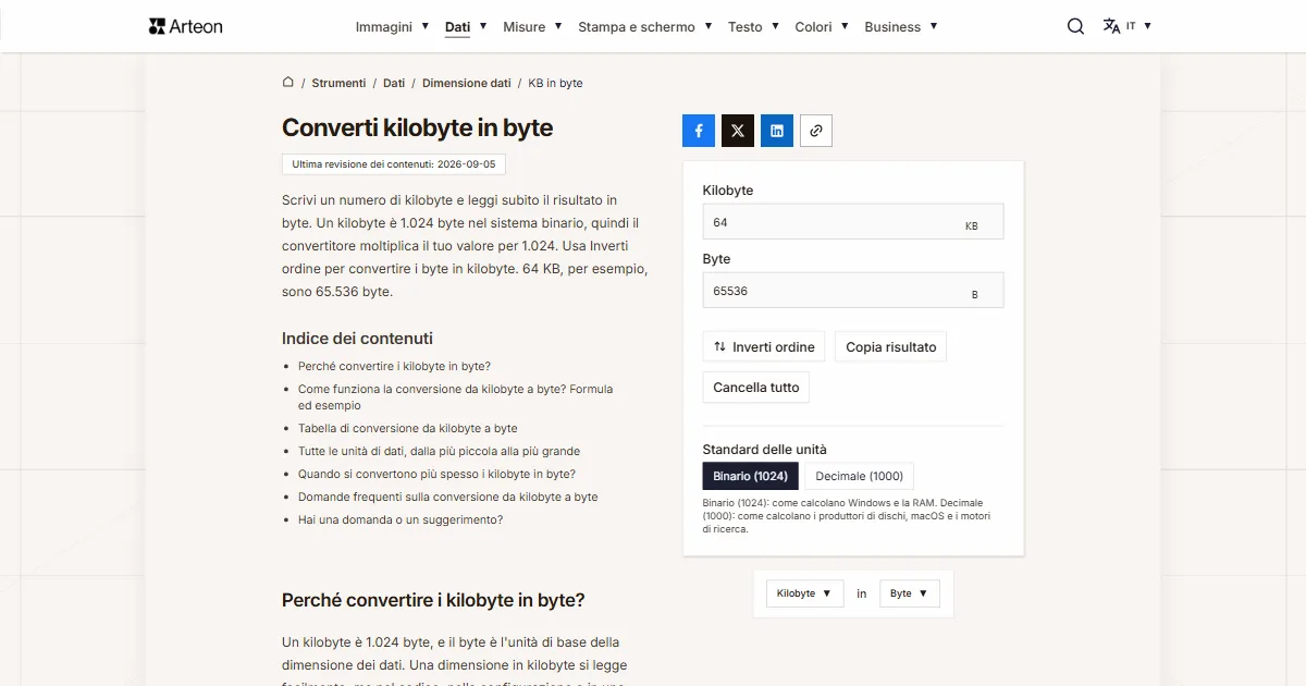 Screenshot dello strumento gratuito Arteon: Converti kilobyte in byte