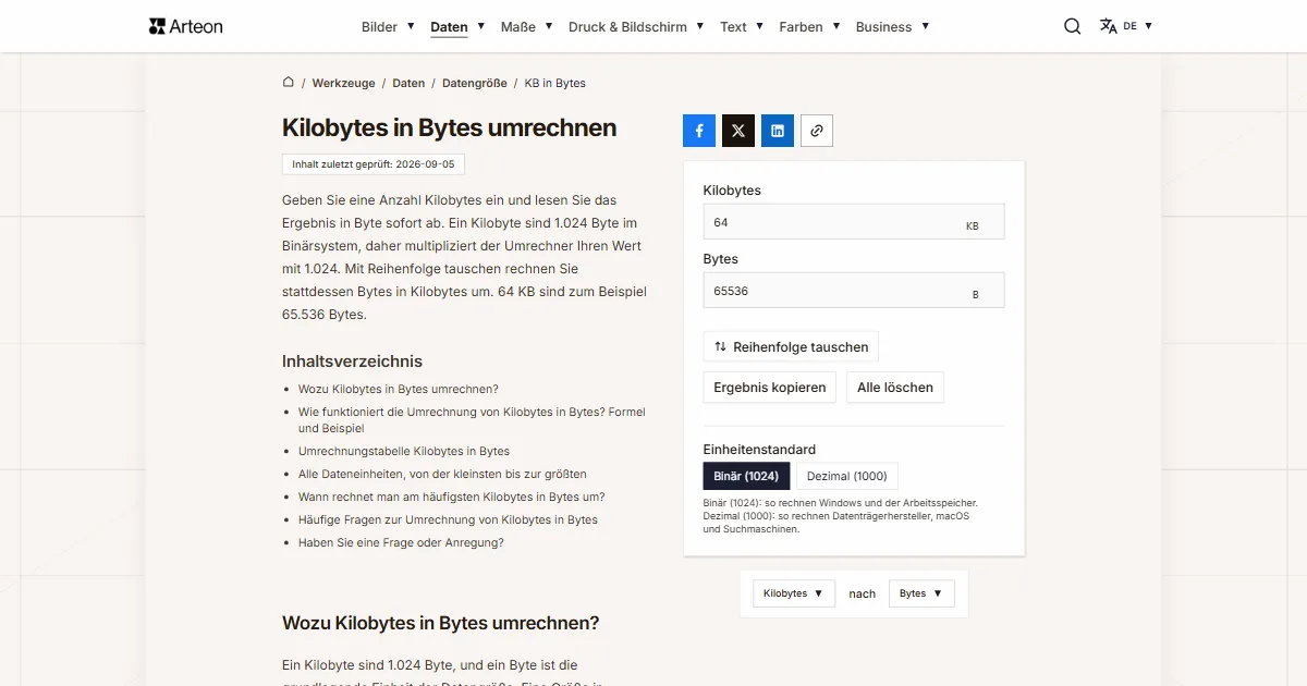 Screenshot des kostenlosen Arteon-Werkzeugs: Kilobytes in Bytes umrechnen