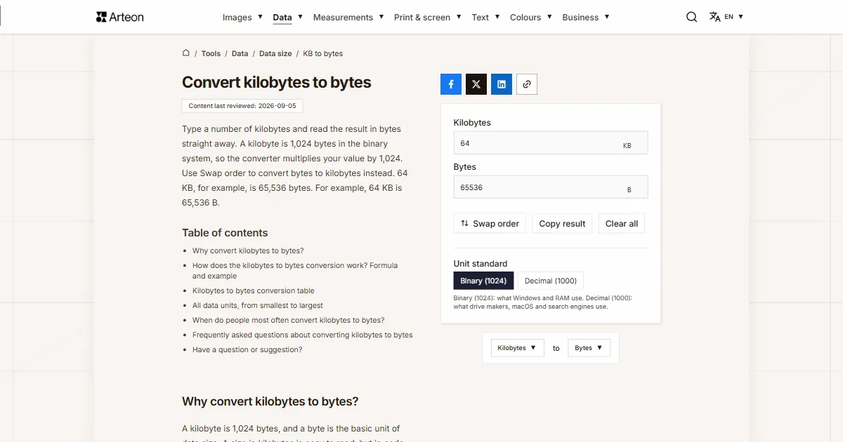 Arteon free tool screenshot: Convert kilobytes to bytes