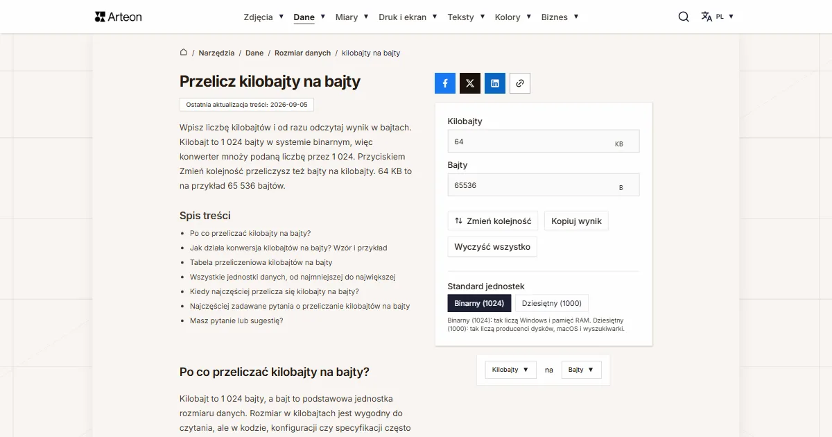 Zrzut ekranu darmowego narzędzia Arteon: Przelicz kilobajty na bajty