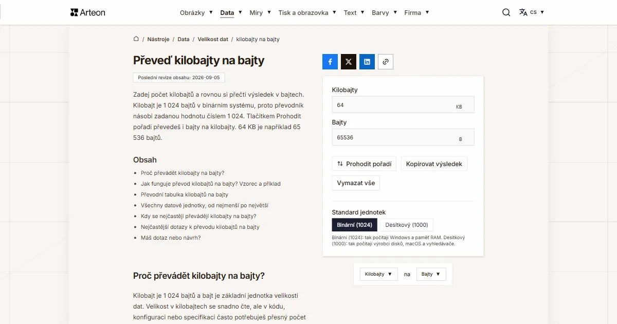 Snímek obrazovky bezplatného nástroje Arteon: Převeď kilobajty na bajty