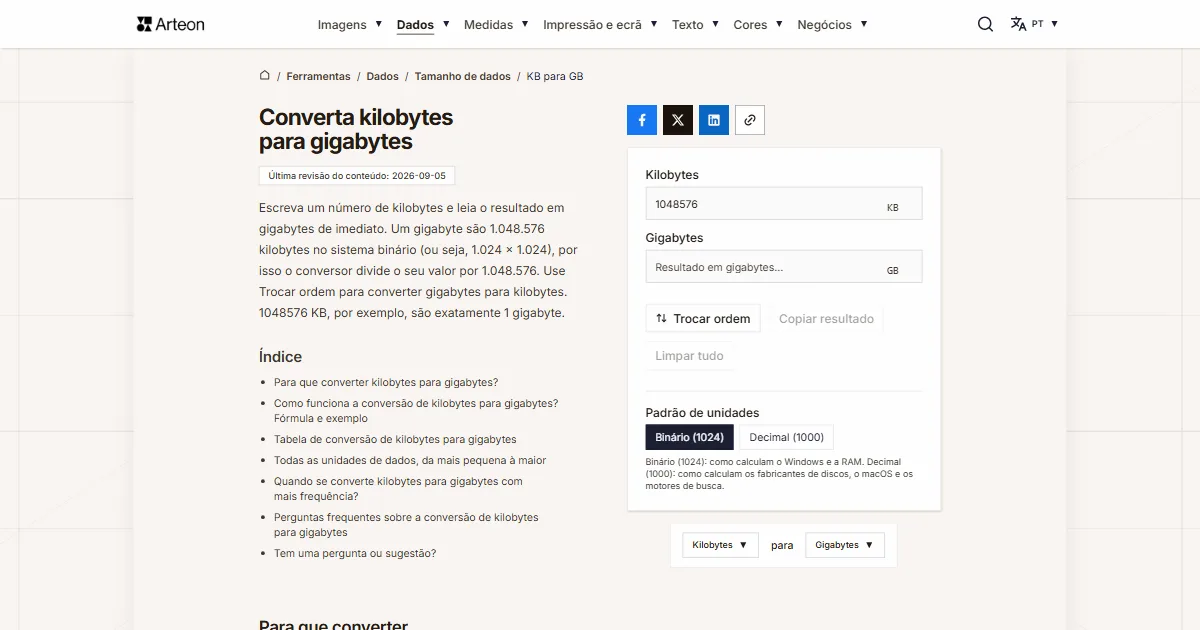 Captura de ecrã da ferramenta gratuita da Arteon: Converta kilobytes para gigabytes