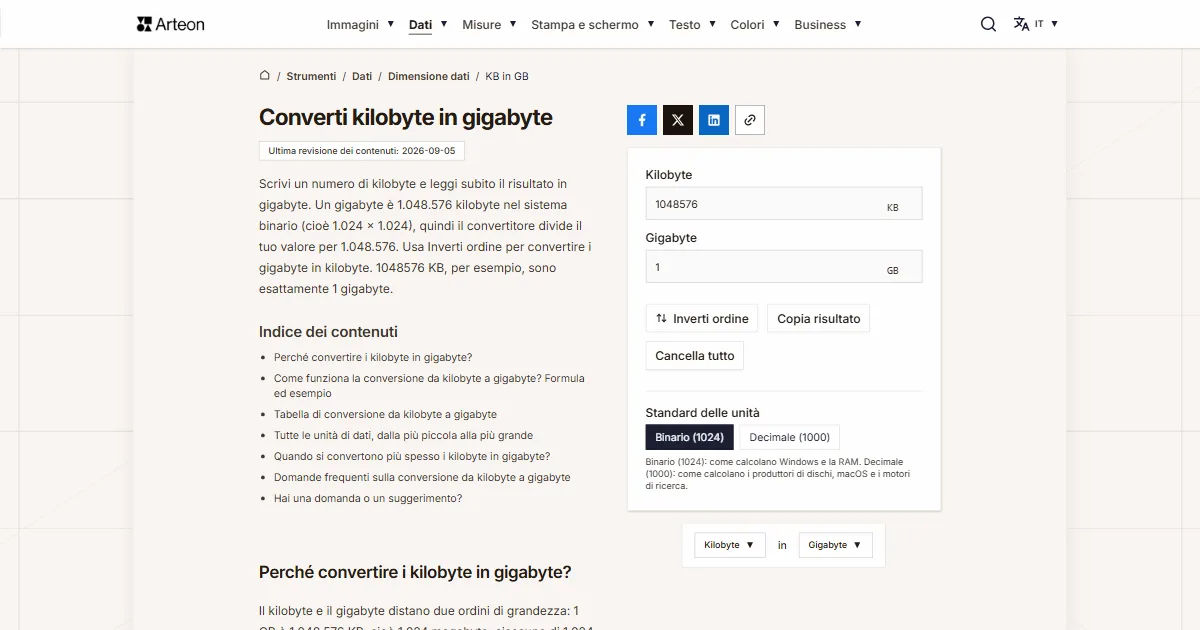Screenshot dello strumento gratuito Arteon: Converti kilobyte in gigabyte
