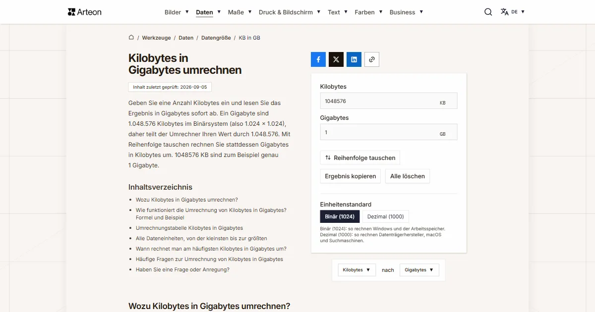 Screenshot des kostenlosen Arteon-Werkzeugs: Kilobytes in Gigabytes umrechnen