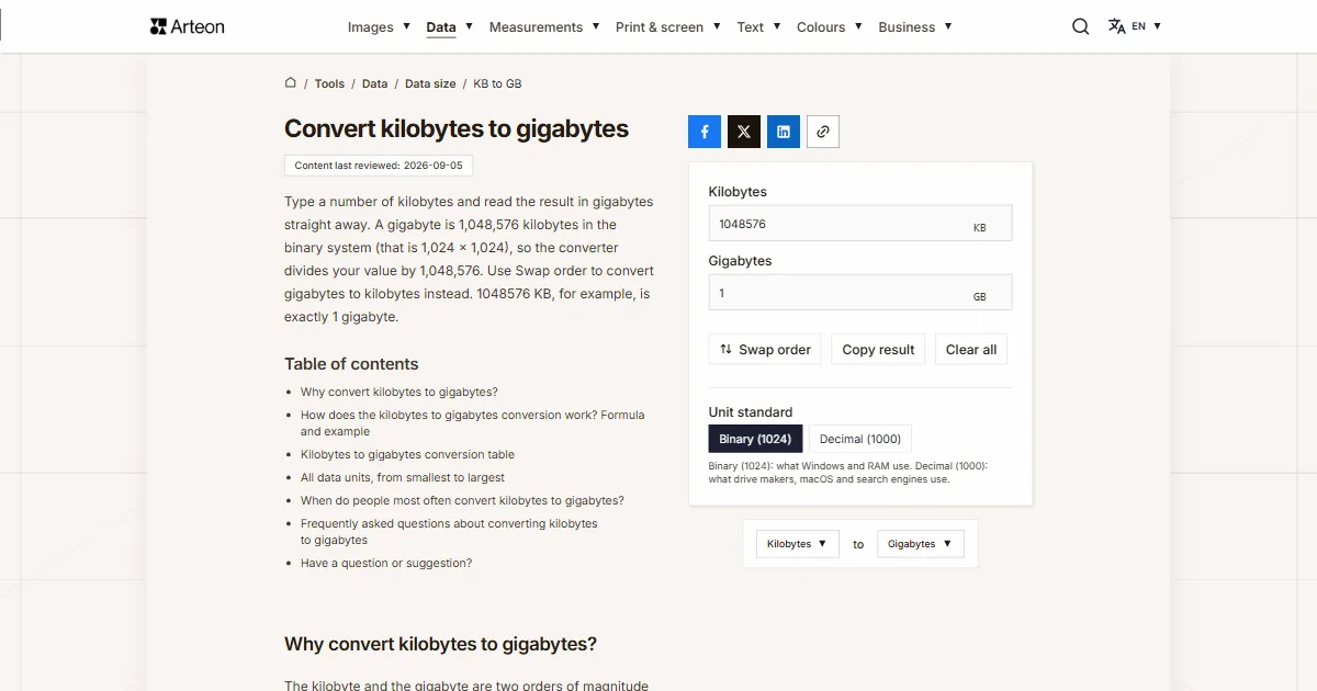Arteon free tool screenshot: Convert kilobytes to gigabytes