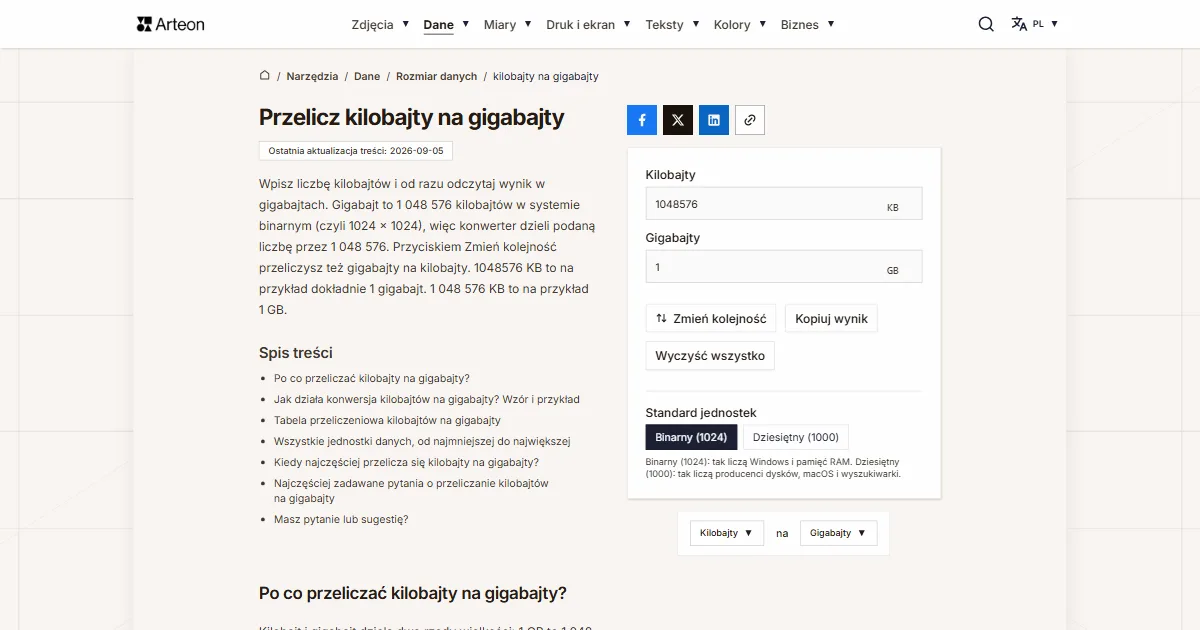 Zrzut ekranu darmowego narzędzia Arteon: Przelicz kilobajty na gigabajty