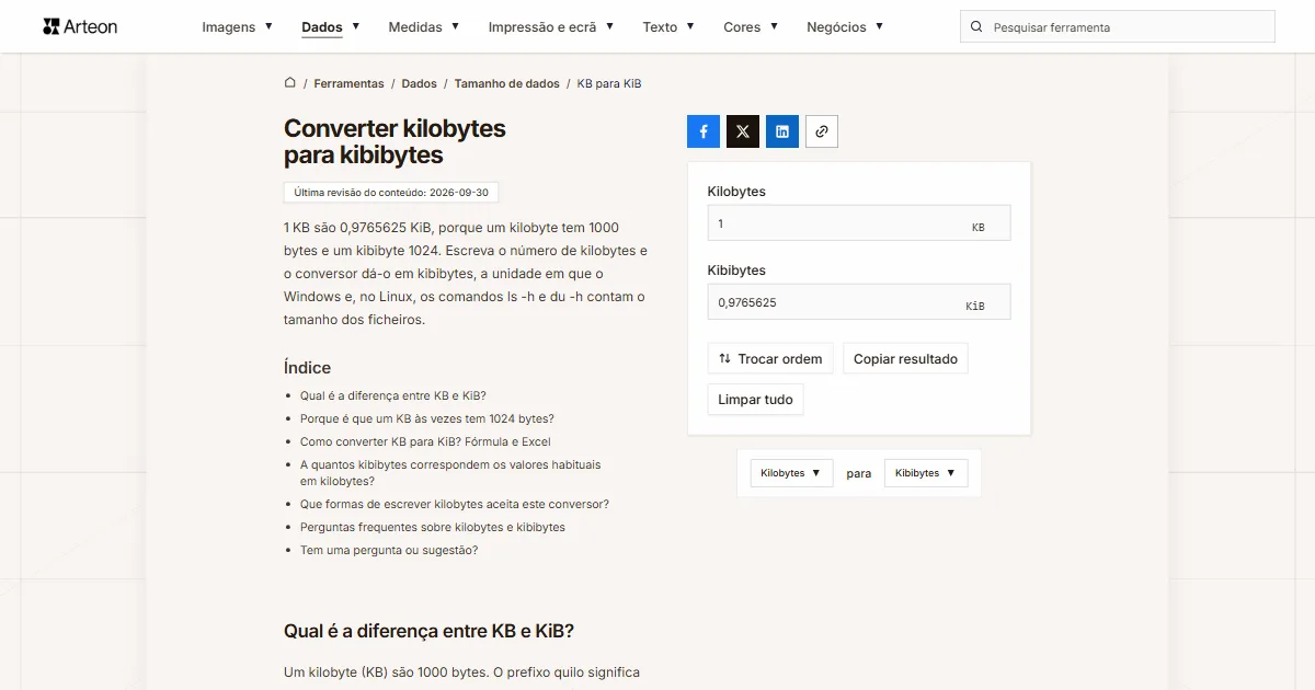 Captura de ecrã da ferramenta gratuita da Arteon: Converter kilobytes para kibibytes