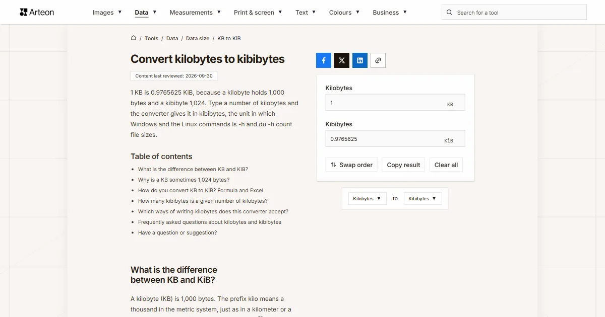 Arteon free tool screenshot: Convert kilobytes to kibibytes
