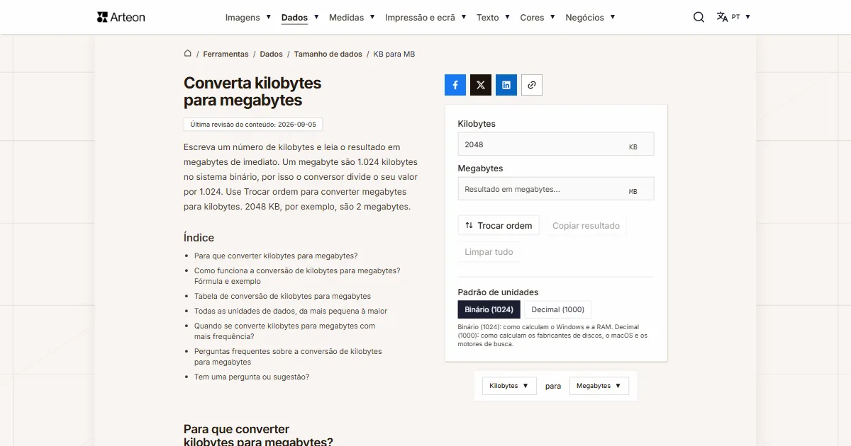 Captura de ecrã da ferramenta gratuita da Arteon: Converta kilobytes para megabytes