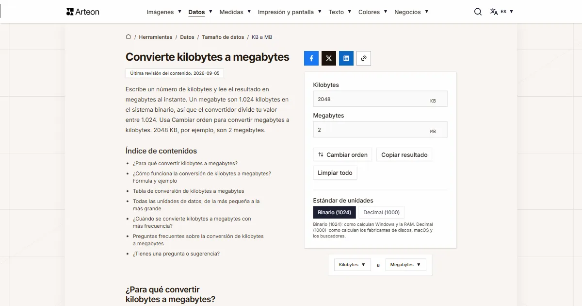 Captura de pantalla de la herramienta gratuita de Arteon: Convierte kilobytes a megabytes