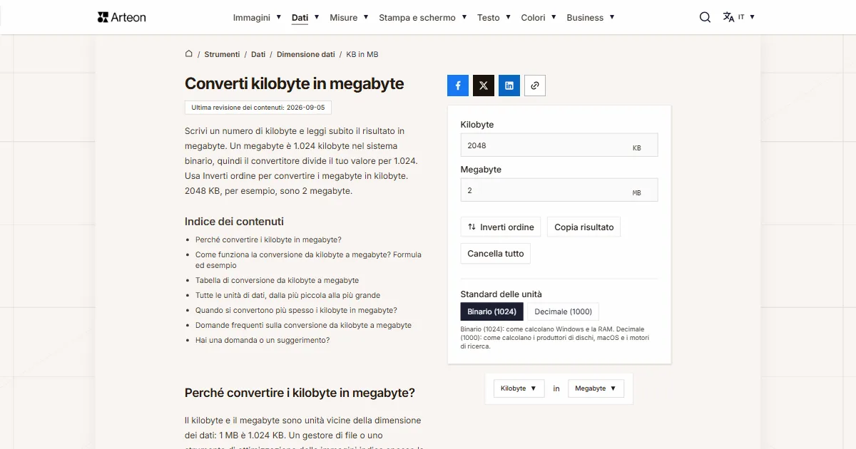 Screenshot dello strumento gratuito Arteon: Converti kilobyte in megabyte