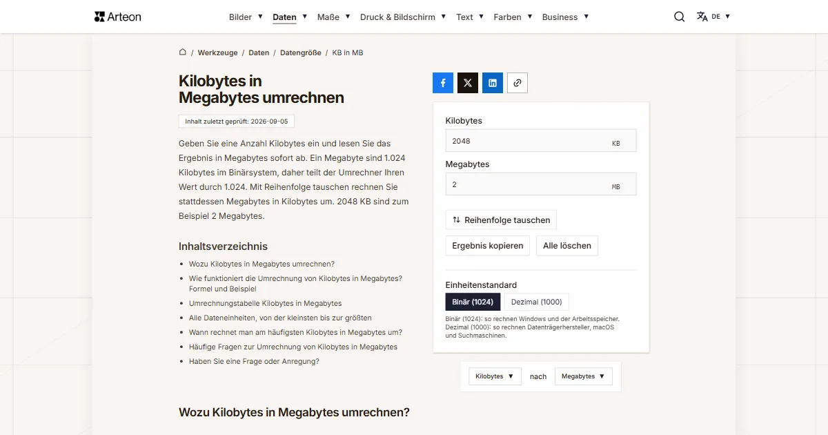 Screenshot des kostenlosen Arteon-Werkzeugs: Kilobytes in Megabytes umrechnen