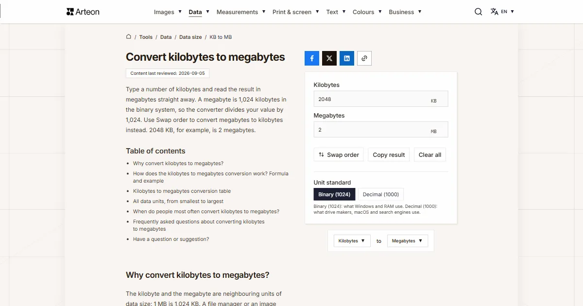 Arteon free tool screenshot: Convert kilobytes to megabytes