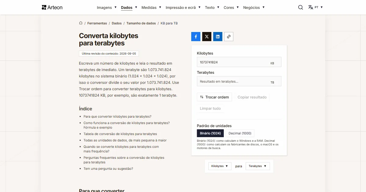 Captura de ecrã da ferramenta gratuita da Arteon: Converta kilobytes para terabytes
