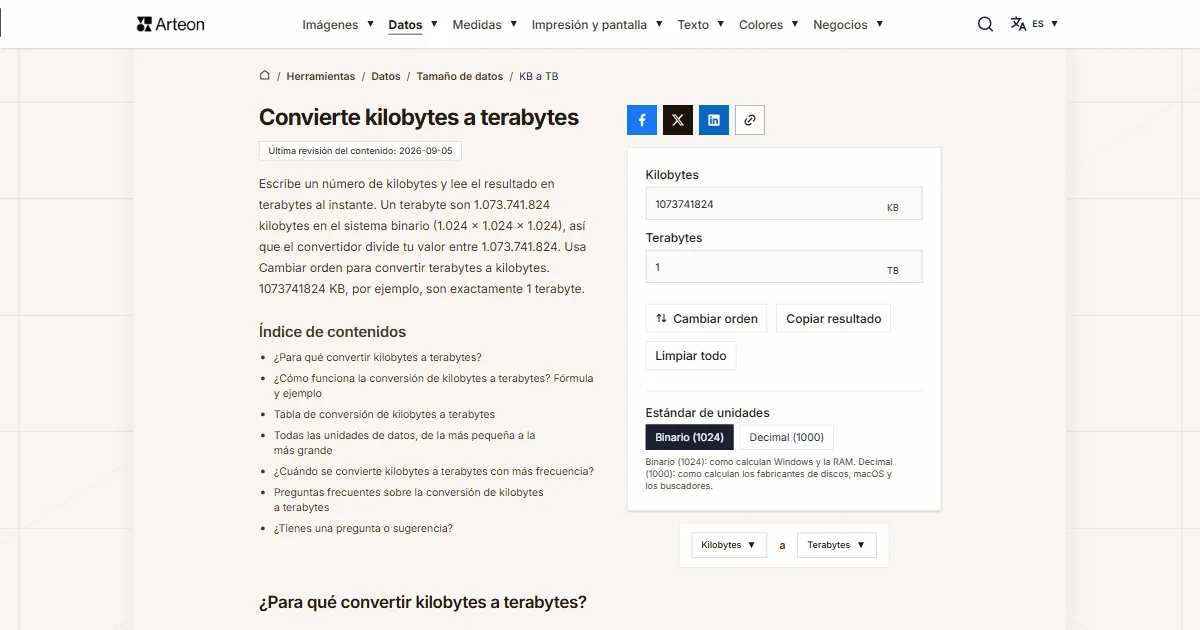 Captura de pantalla de la herramienta gratuita de Arteon: Convierte kilobytes a terabytes