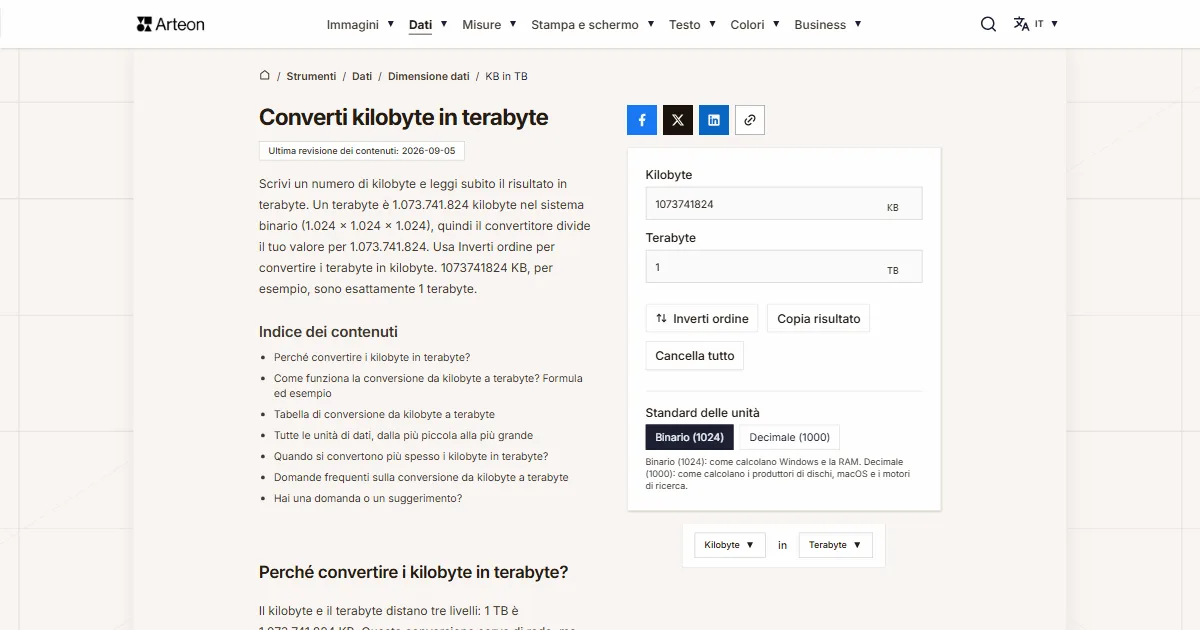 Screenshot dello strumento gratuito Arteon: Converti kilobyte in terabyte