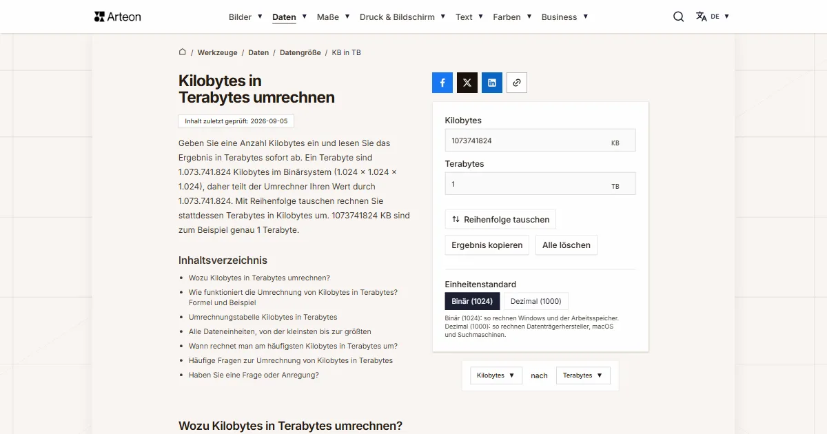 Screenshot des kostenlosen Arteon-Werkzeugs: Kilobytes in Terabytes umrechnen
