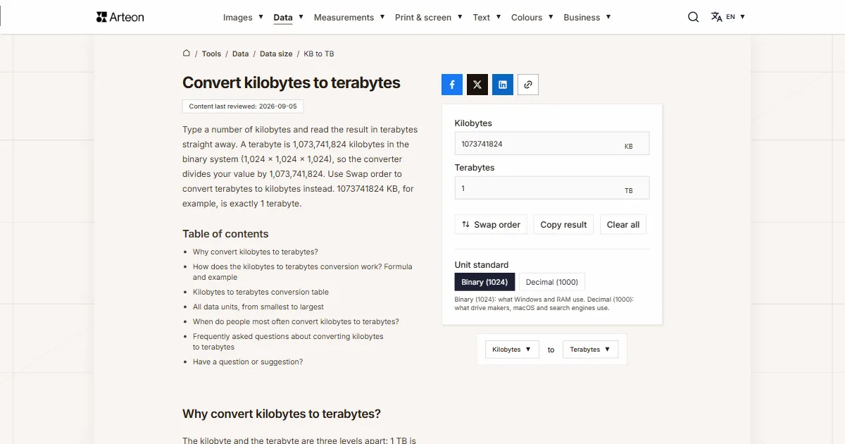 Arteon free tool screenshot: Convert kilobytes to terabytes