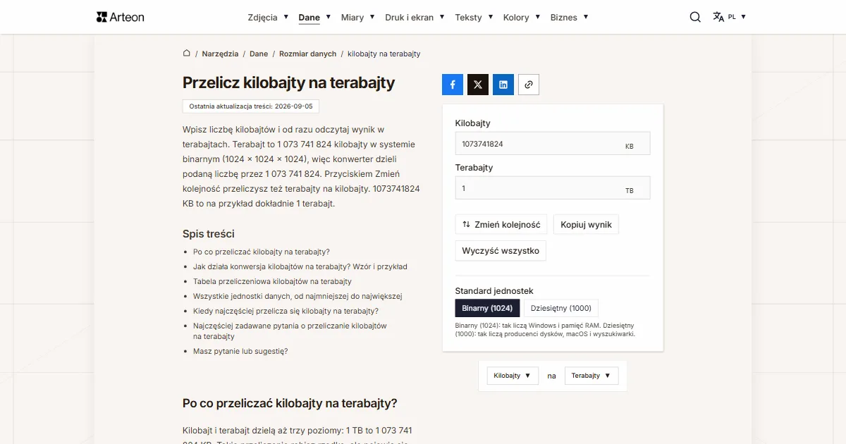 Zrzut ekranu darmowego narzędzia Arteon: Przelicz kilobajty na terabajty