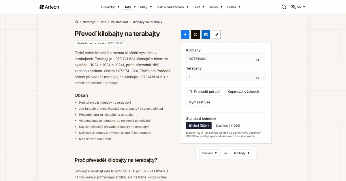 Snímek obrazovky bezplatného nástroje Arteon: Převeď kilobajty na terabajty