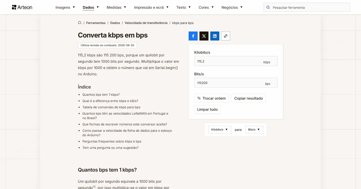 Captura de ecrã da ferramenta gratuita da Arteon: Converta kbps em bps