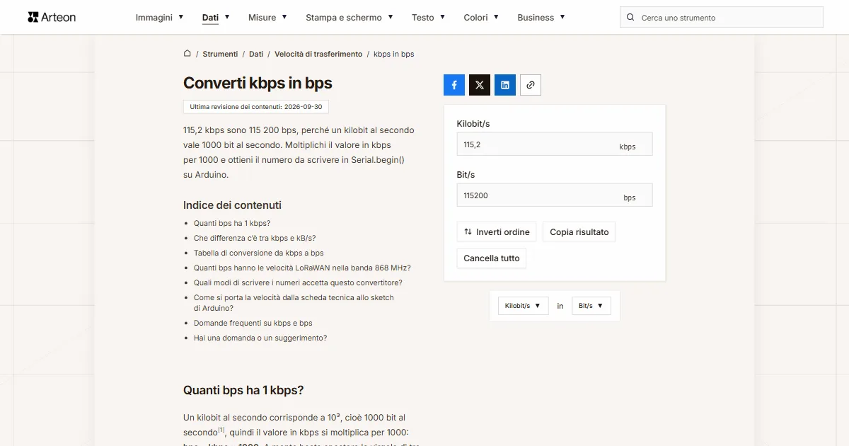 Screenshot dello strumento gratuito Arteon: Converti kbps in bps