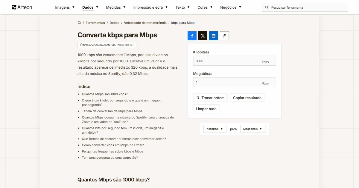 Captura de ecrã da ferramenta gratuita da Arteon: Converta kbps para Mbps