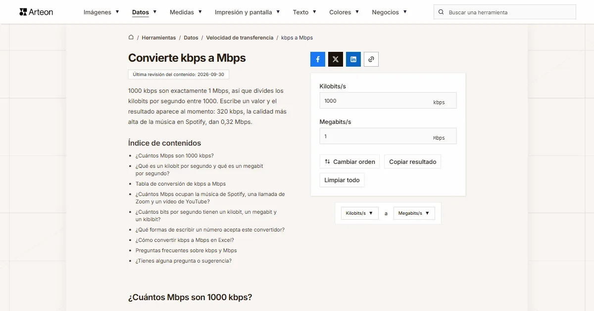 Captura de pantalla de la herramienta gratuita de Arteon: Convierte kbps a Mbps