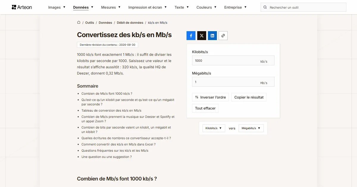 Capture d'écran de l'outil gratuit d'Arteon: Convertissez des kb/s en Mb/s