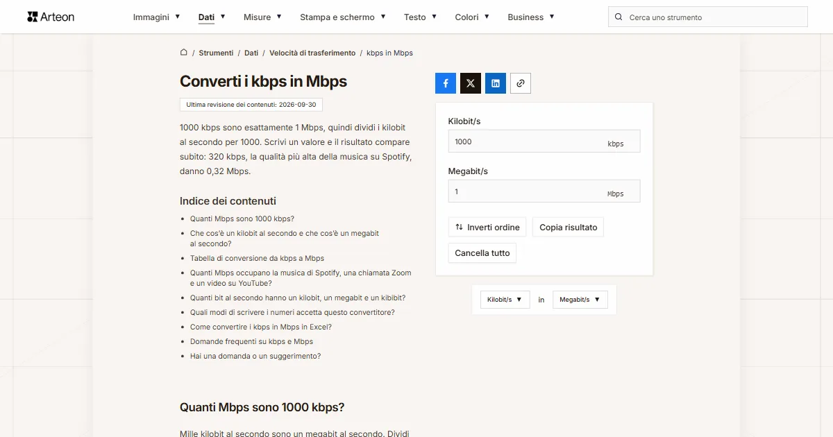 Screenshot dello strumento gratuito Arteon: Converti i kbps in Mbps
