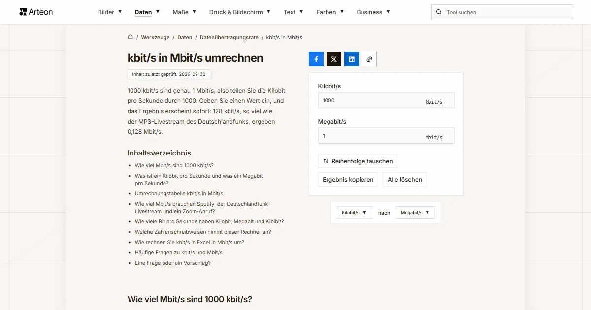 Screenshot des kostenlosen Arteon-Werkzeugs: kbit/s in Mbit/s umrechnen