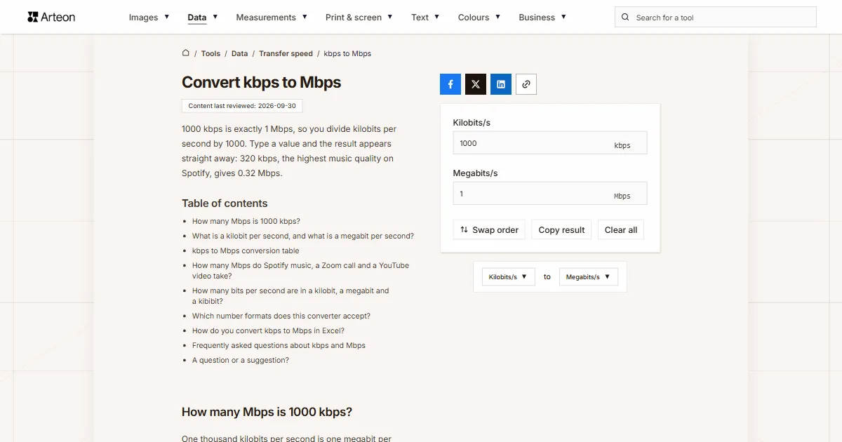 Arteon free tool screenshot: Convert kbps to Mbps