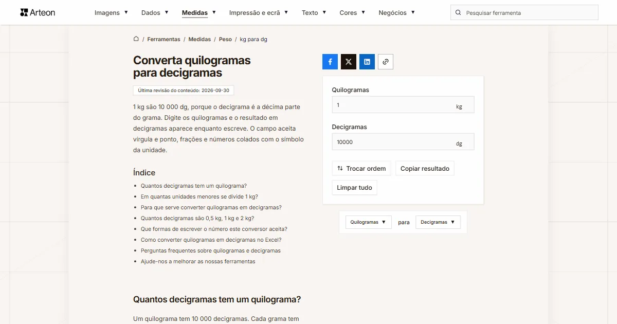 Captura de ecrã da ferramenta gratuita da Arteon: Converta quilogramas para decigramas