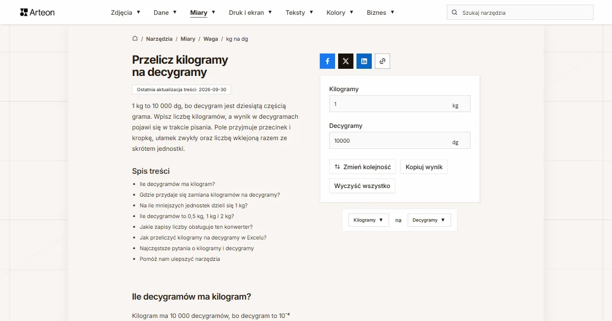 Zrzut ekranu darmowego narzędzia Arteon: Przelicz kilogramy na decygramy