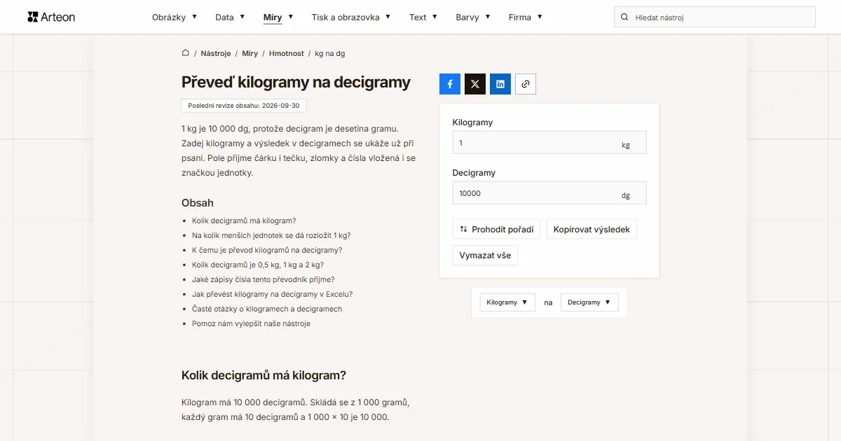 Snímek obrazovky bezplatného nástroje Arteon: Převeď kilogramy na decigramy